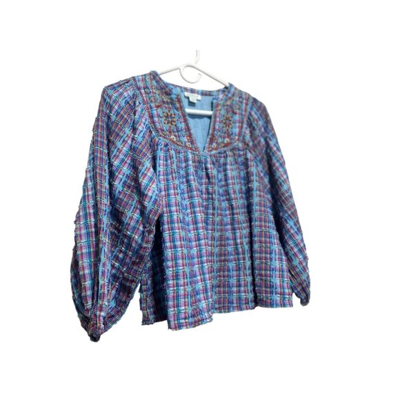 Sundance Peasant Embroidered Top Women Small Blue Plaid Puff Sleeves Boho Dainty - Picture 16 of 16